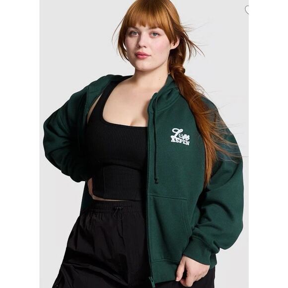 Victoria's Secret PINK M Ivy Fleece Campus Full-Zip Hoodie Deep Forest Aspen - Picture 2 of 6